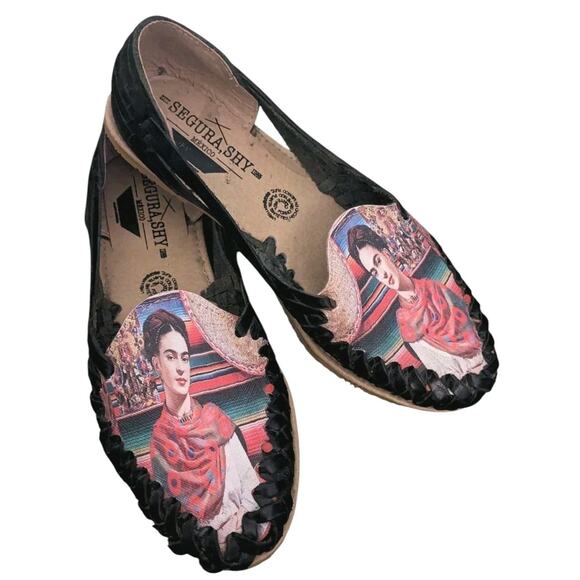 Frida Kahlo Shoes 7 Black Woven Leather Segura Shy Huaraches Artsy Boho Slip Ons - Picture 6 of 9